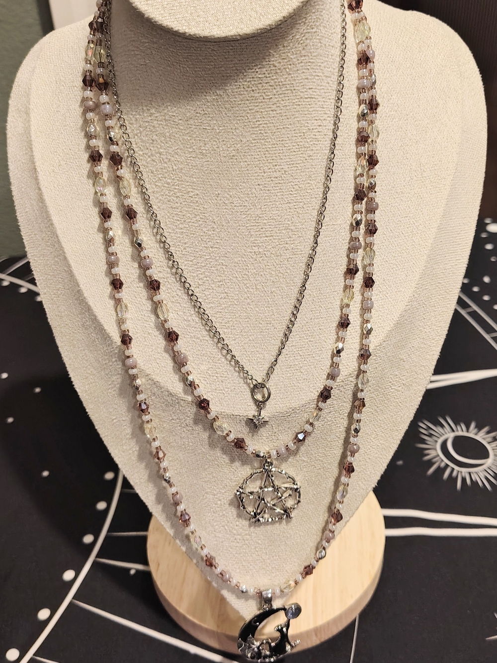 New Pentacle Cat Star Charmed Necklace with Purple Cream & Silver